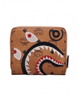 MCM x BAPE Shark Zip Wallet Visetos Mini Cognac